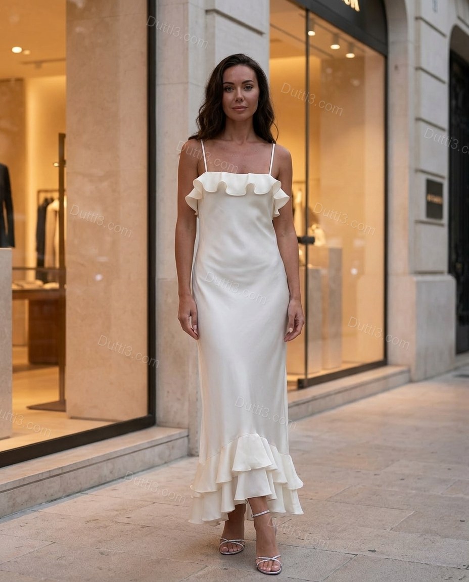 Off-white Maxi Ruffled Satin Dress, three-quarter brand lifestyle view, by Dutti3