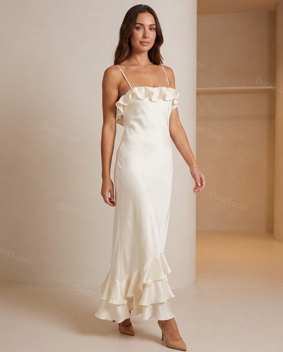 Off-white Maxi Ruffled Satin Dress, full-length hero view, by Dutti3