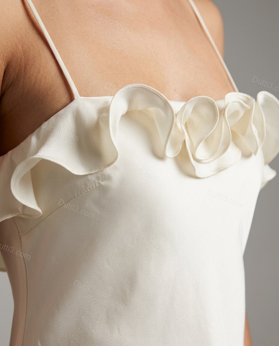 Off-white Maxi Ruffled Satin Dress, close-up of spaghetti straps, ruffled trim at neckline and ruffled hem, by Dutti3