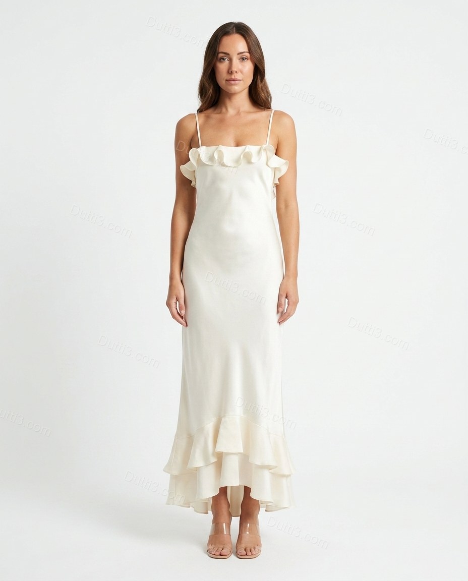 Off-white Maxi Ruffled Satin Dress, front studio view, by Dutti3
