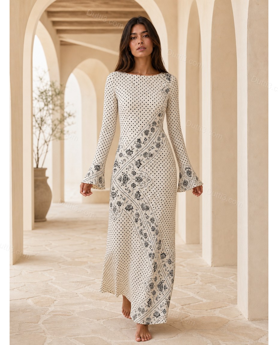 Off-white Floral Maxi Knit Dress, three-quarter brand lifestyle view, by Dutti3