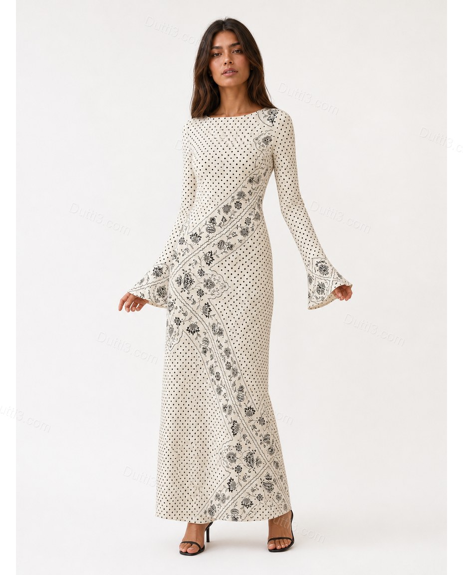 Off-white Floral Maxi Knit Dress, side and back studio view, by Dutti3