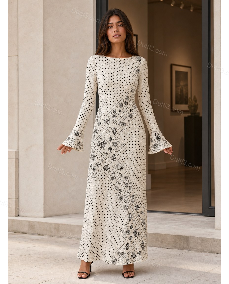 Off-white Floral Maxi Knit Dress, movement and fit lifestyle view, by Dutti3