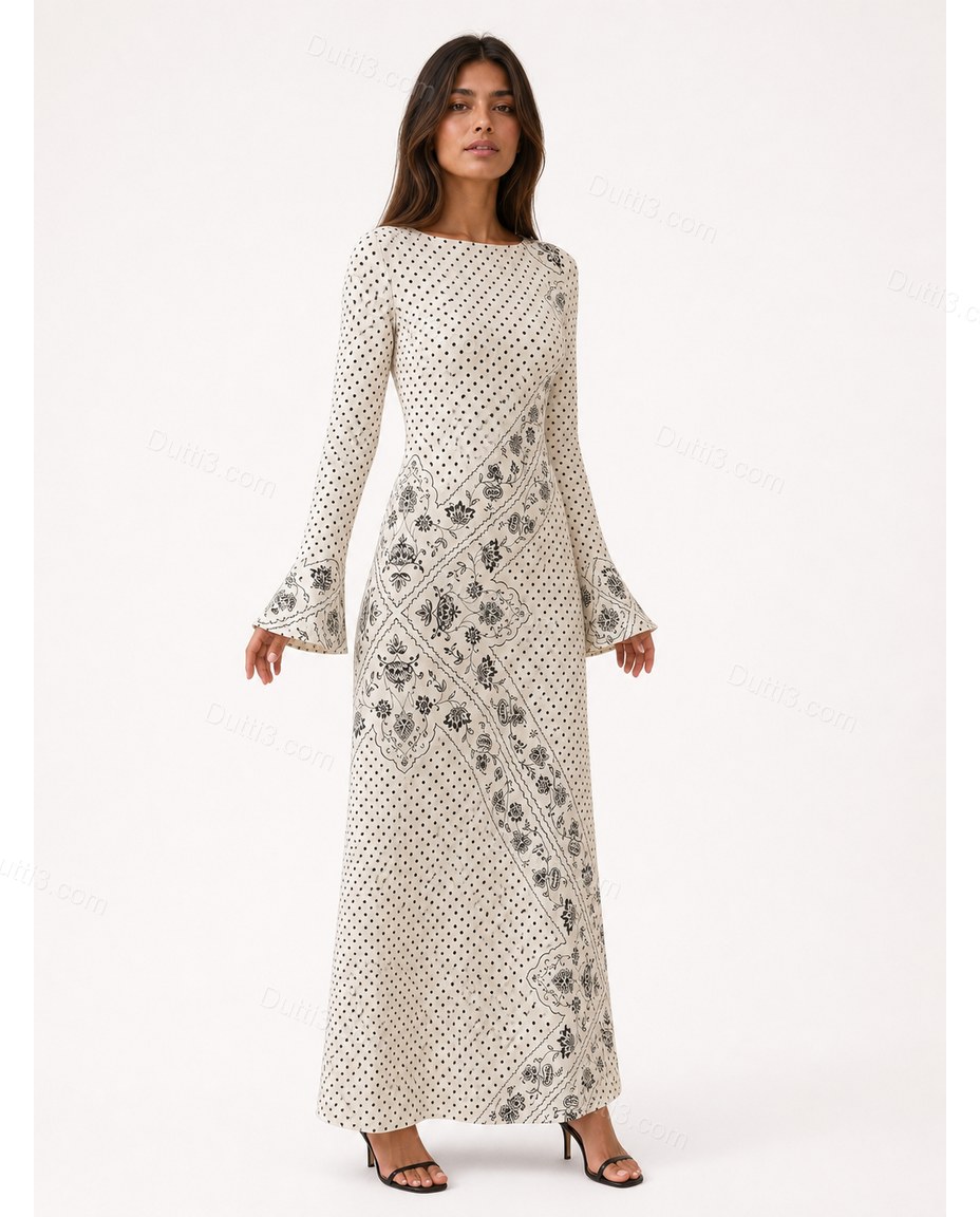 Off-white Floral Maxi Knit Dress, front studio view, by Dutti3
