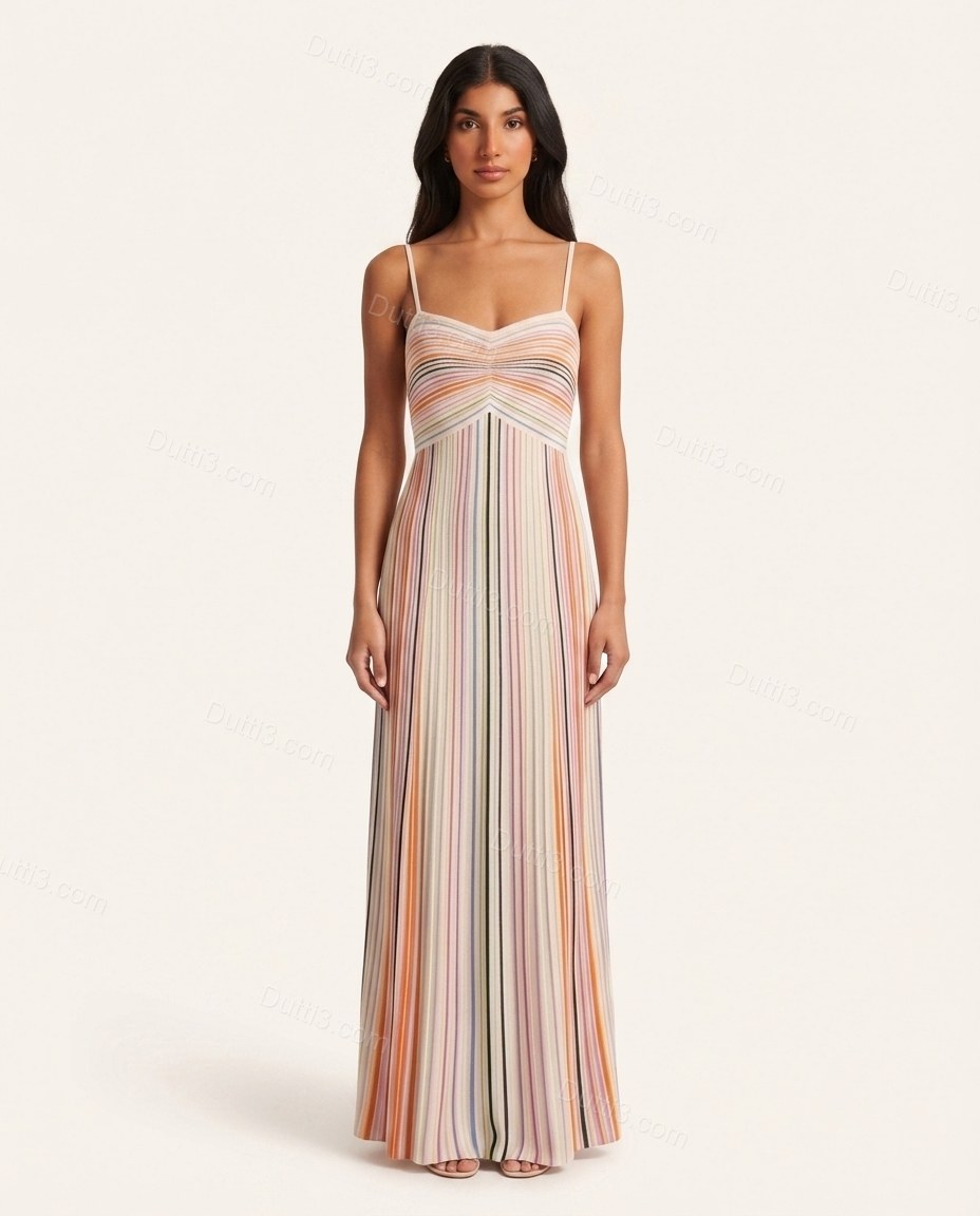 Cream Striped Maxi Knit Dress, front studio view, by Dutti3