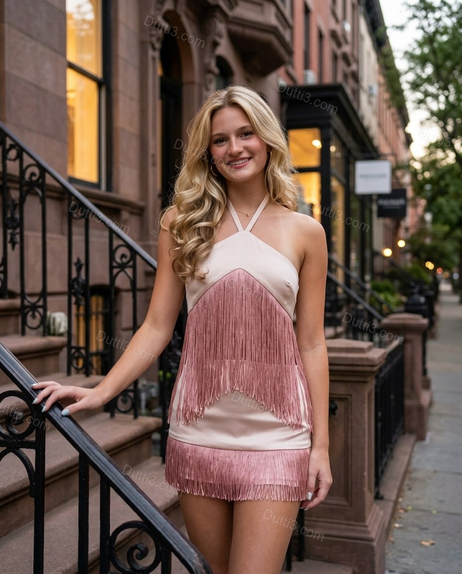 Off-white Mini Halter Ruffled Top & Skirt Set, three-quarter brand lifestyle view, by Dutti3