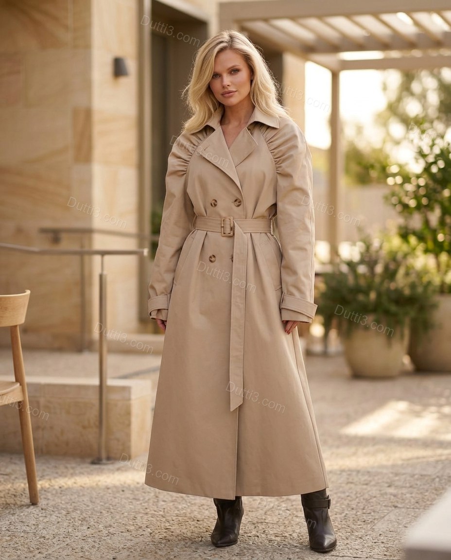 Beige Pleated Coat, three-quarter brand lifestyle view, by Dutti3