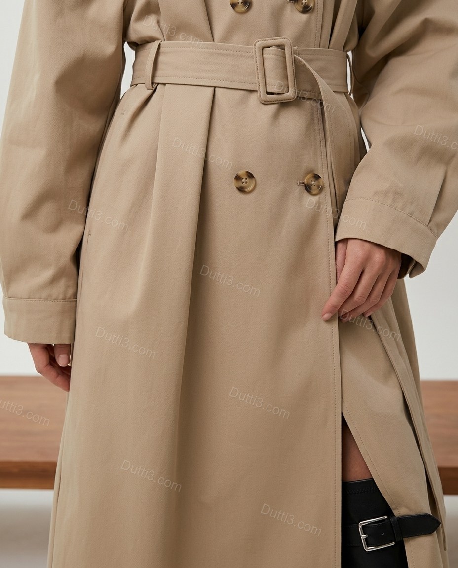 Beige Pleated Coat, close-up of belted waist, double-breasted and pleated shoulders, by Dutti3