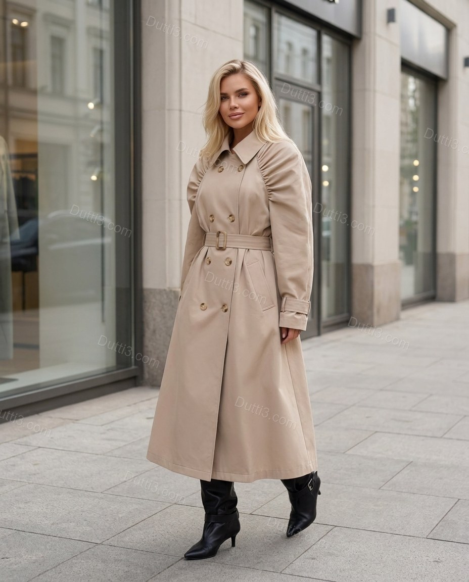 Beige Pleated Coat, alternate use-case lifestyle view, by Dutti3