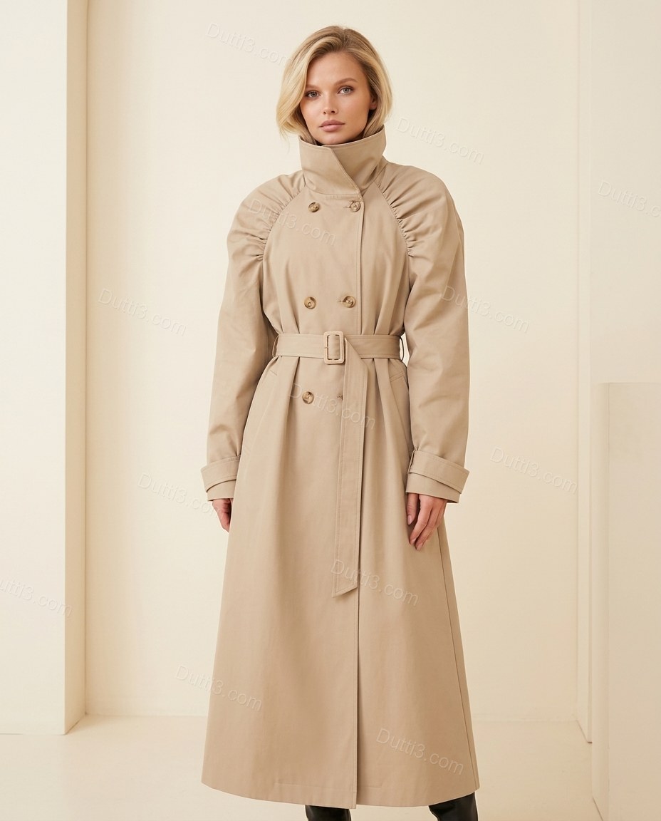 Beige Pleated Coat, full-length hero view, by Dutti3