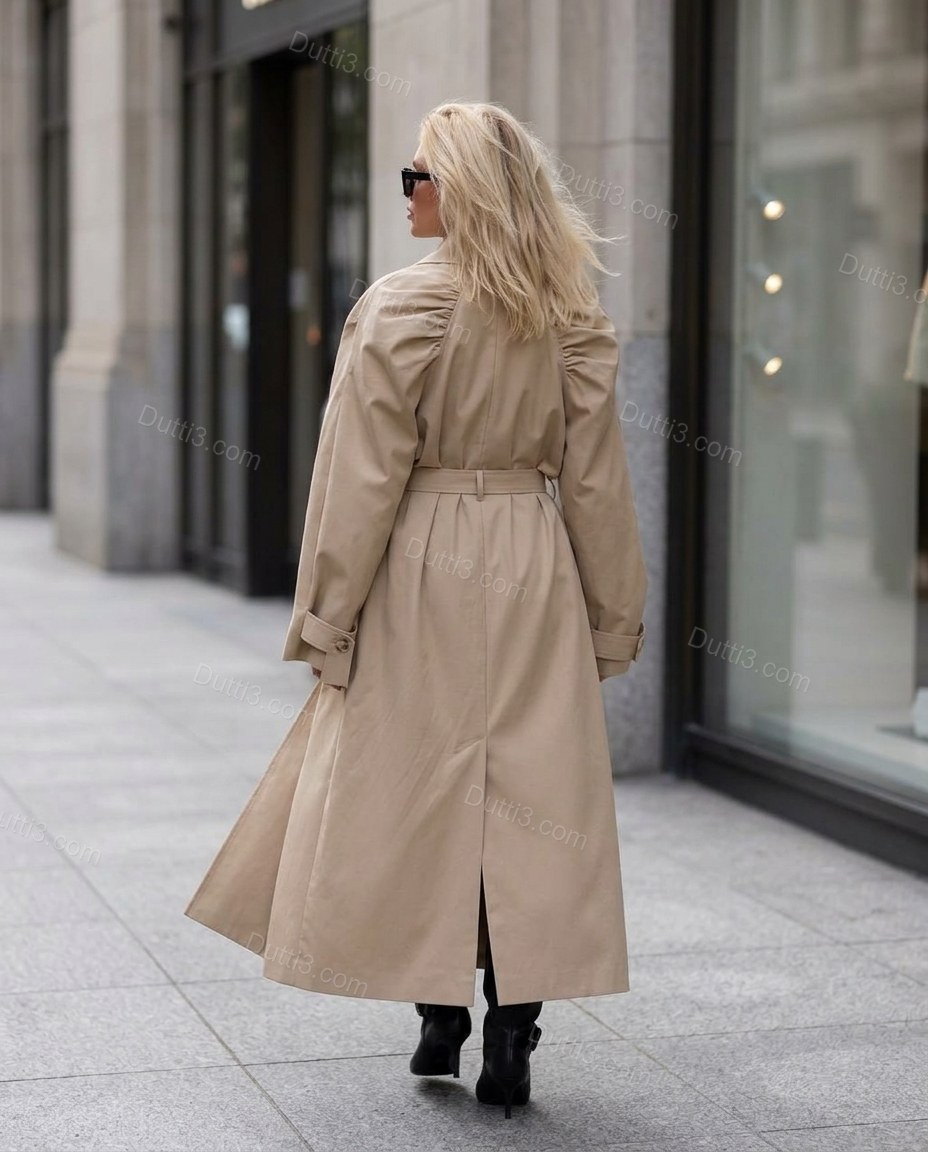 Beige Pleated Coat, movement and fit lifestyle view, by Dutti3
