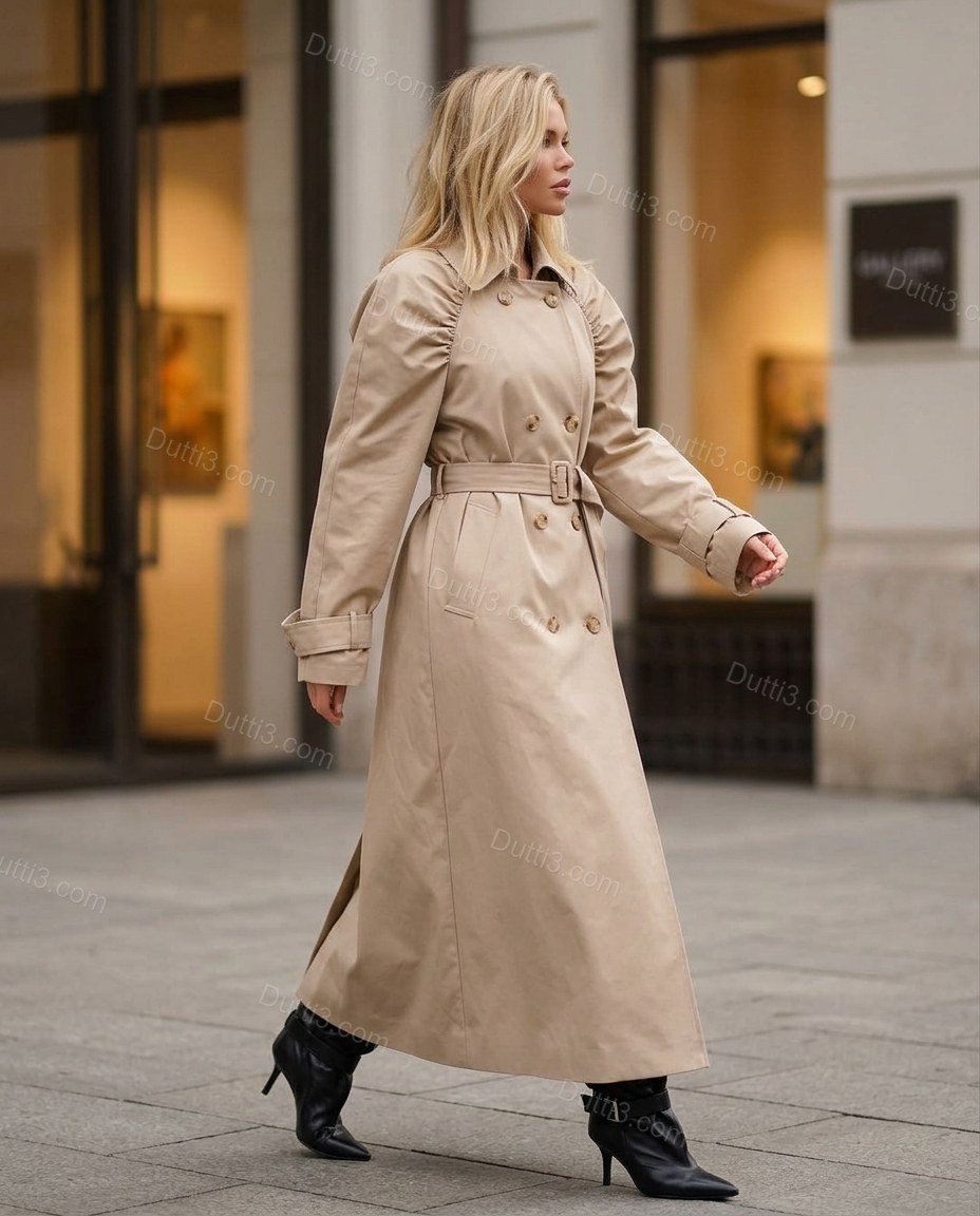 Beige Pleated Coat, walking lifestyle view, by Dutti3
