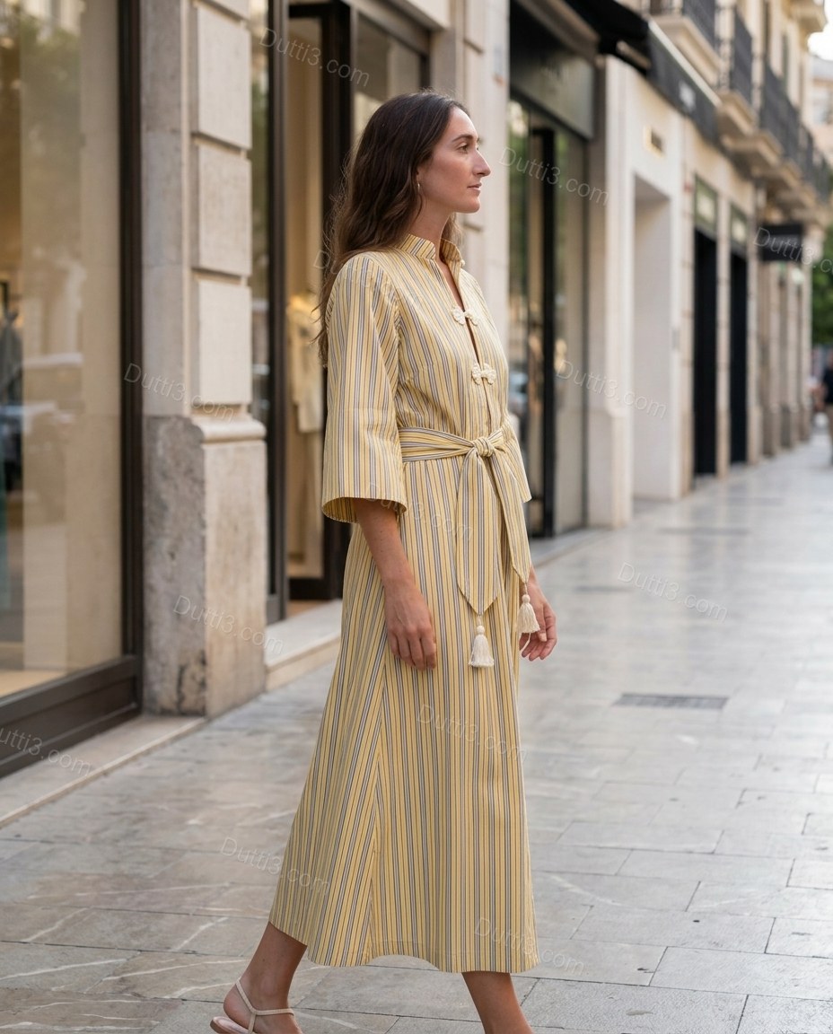 Yellow Striped Maxi Cotton Dress, three-quarter brand lifestyle view, by Dutti3