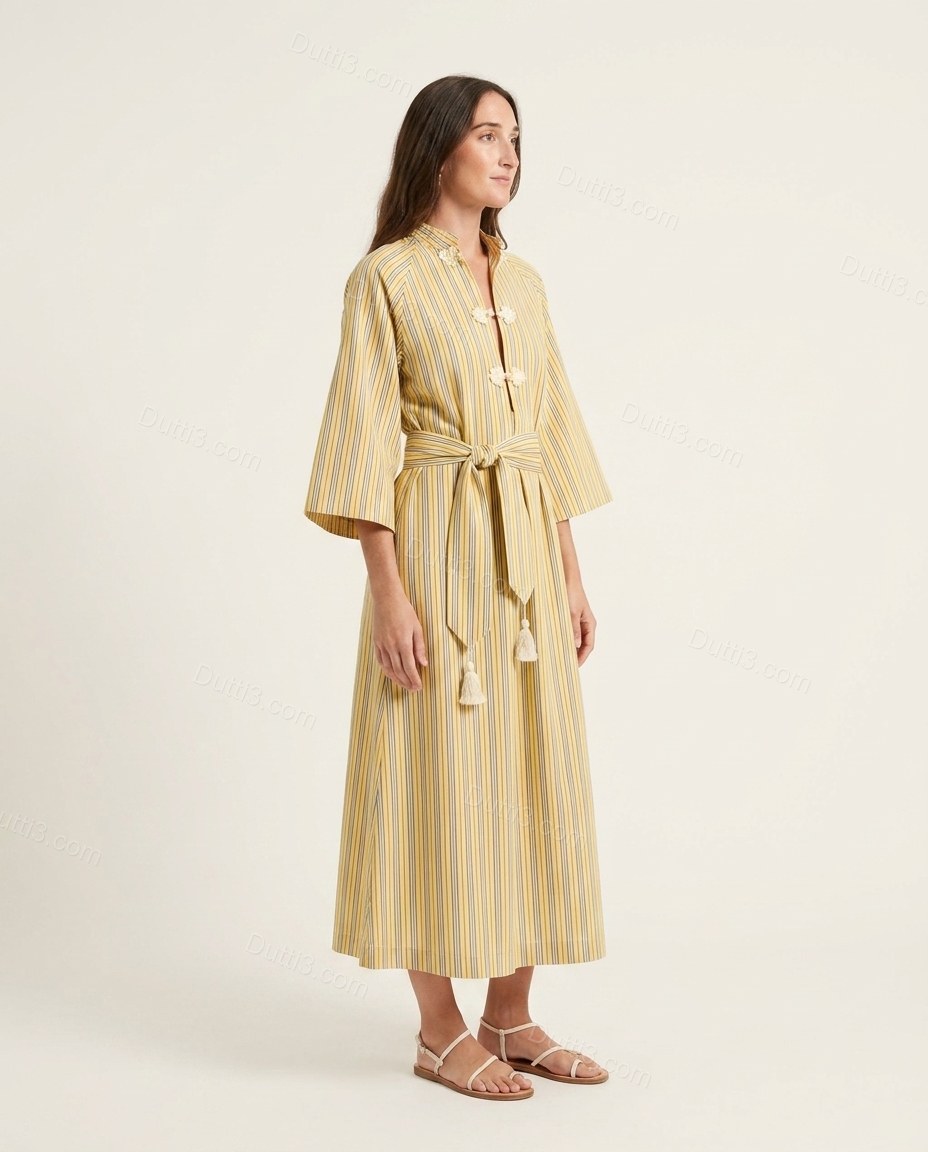 Yellow Striped Maxi Cotton Dress, side and back studio view showing simple straight back construction, by Dutti3