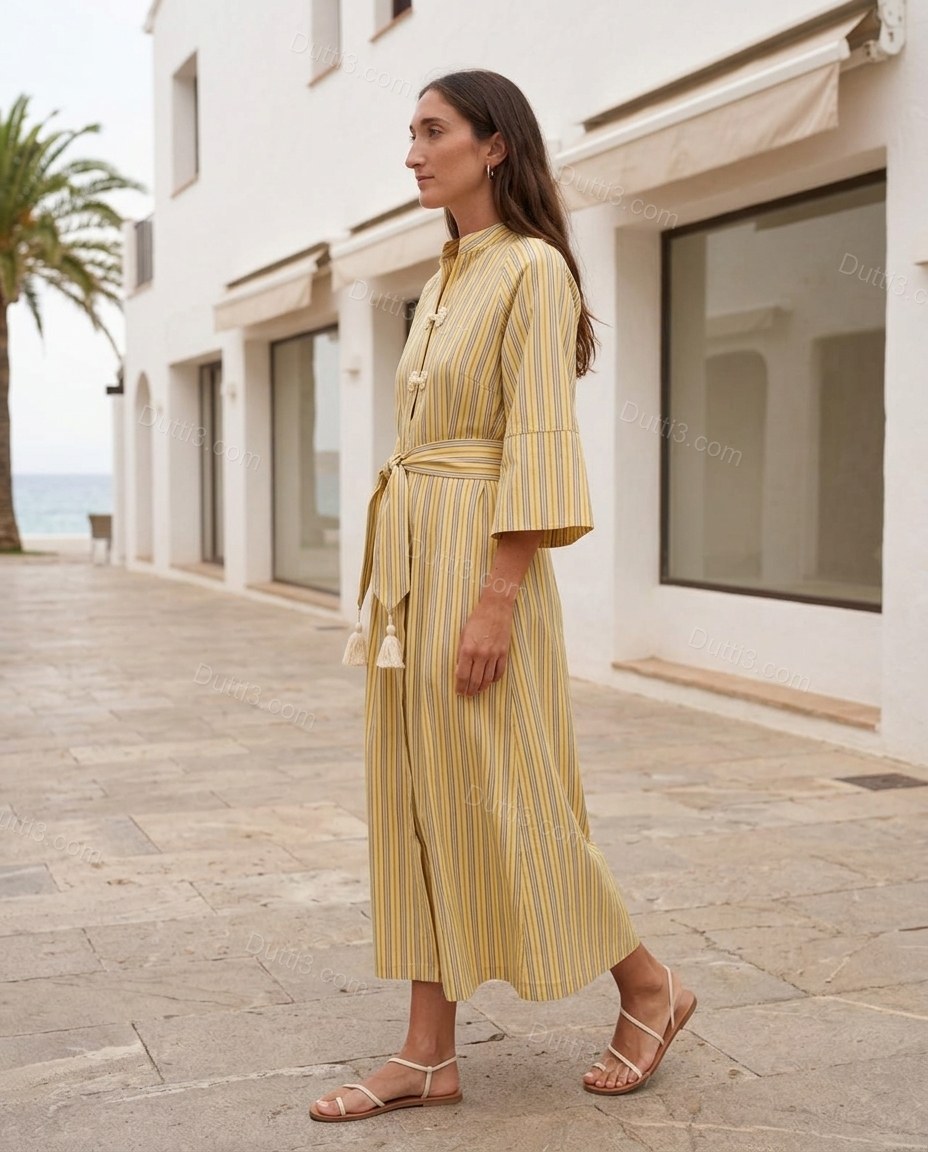 Yellow Striped Maxi Cotton Dress, movement and fit lifestyle view, by Dutti3