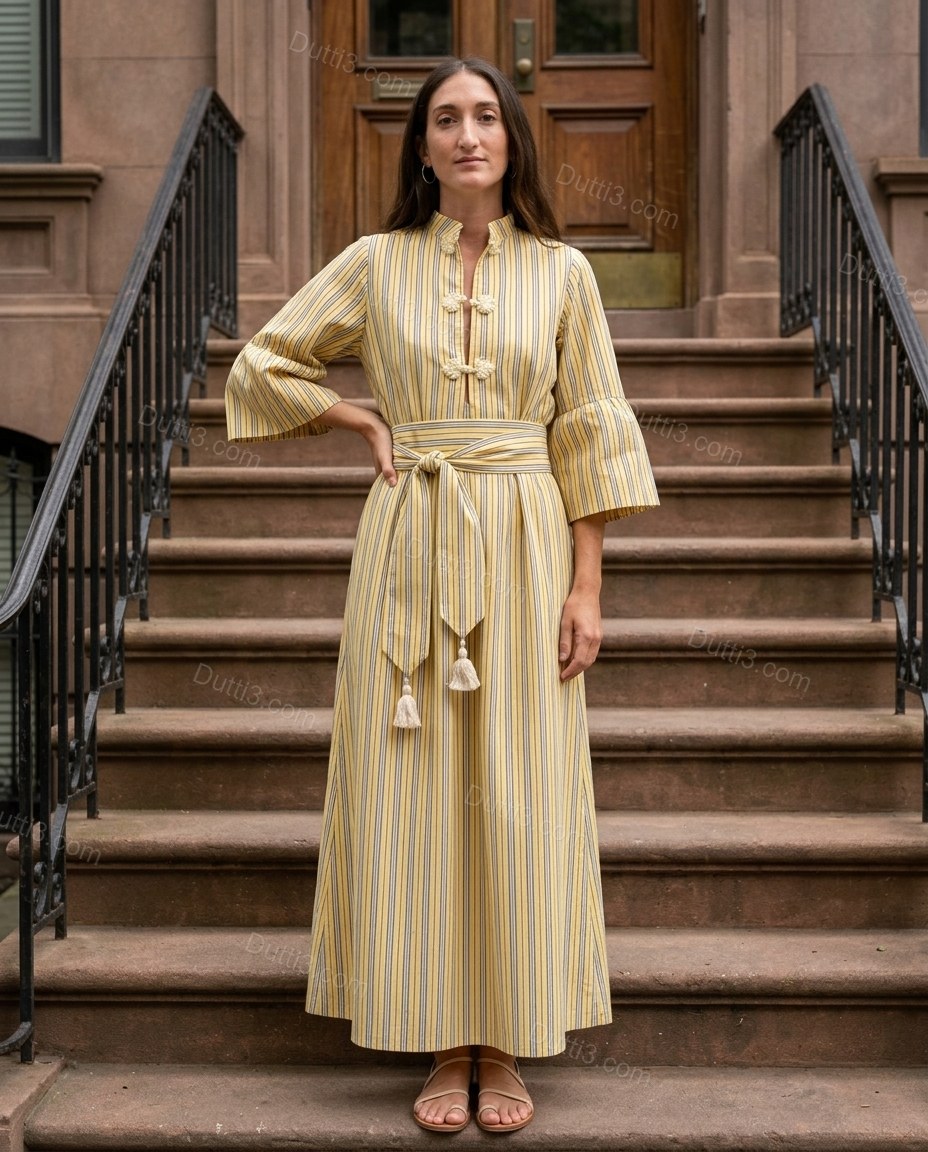 Yellow Striped Maxi Cotton Dress, alternate use-case lifestyle view, by Dutti3