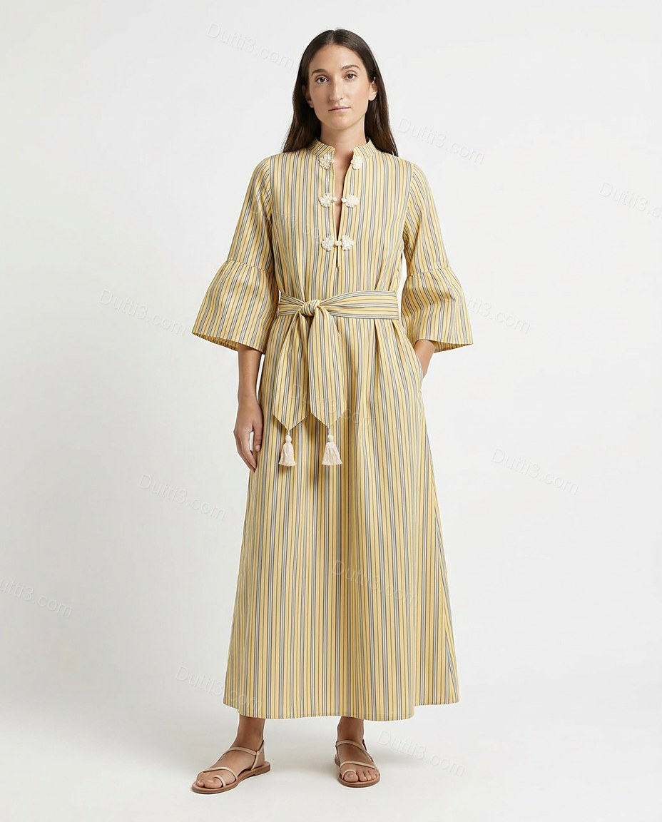 Yellow Striped Maxi Cotton Dress, front studio view, by Dutti3