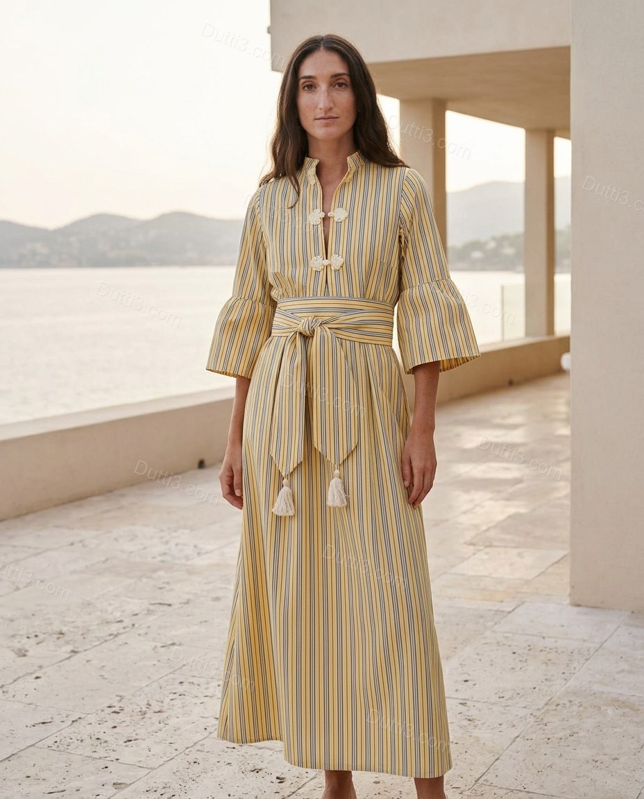 Yellow Striped Maxi Cotton Dress, full-length hero view, by Dutti3