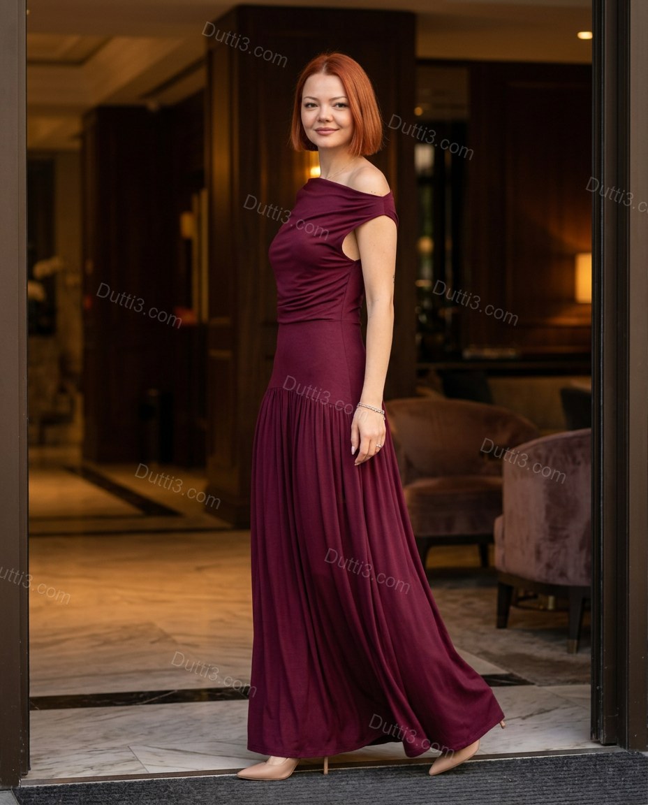 Burgundy Maxi Cowl-Neck Off-Shoulder Dress, alternate use-case lifestyle view, by Dutti3