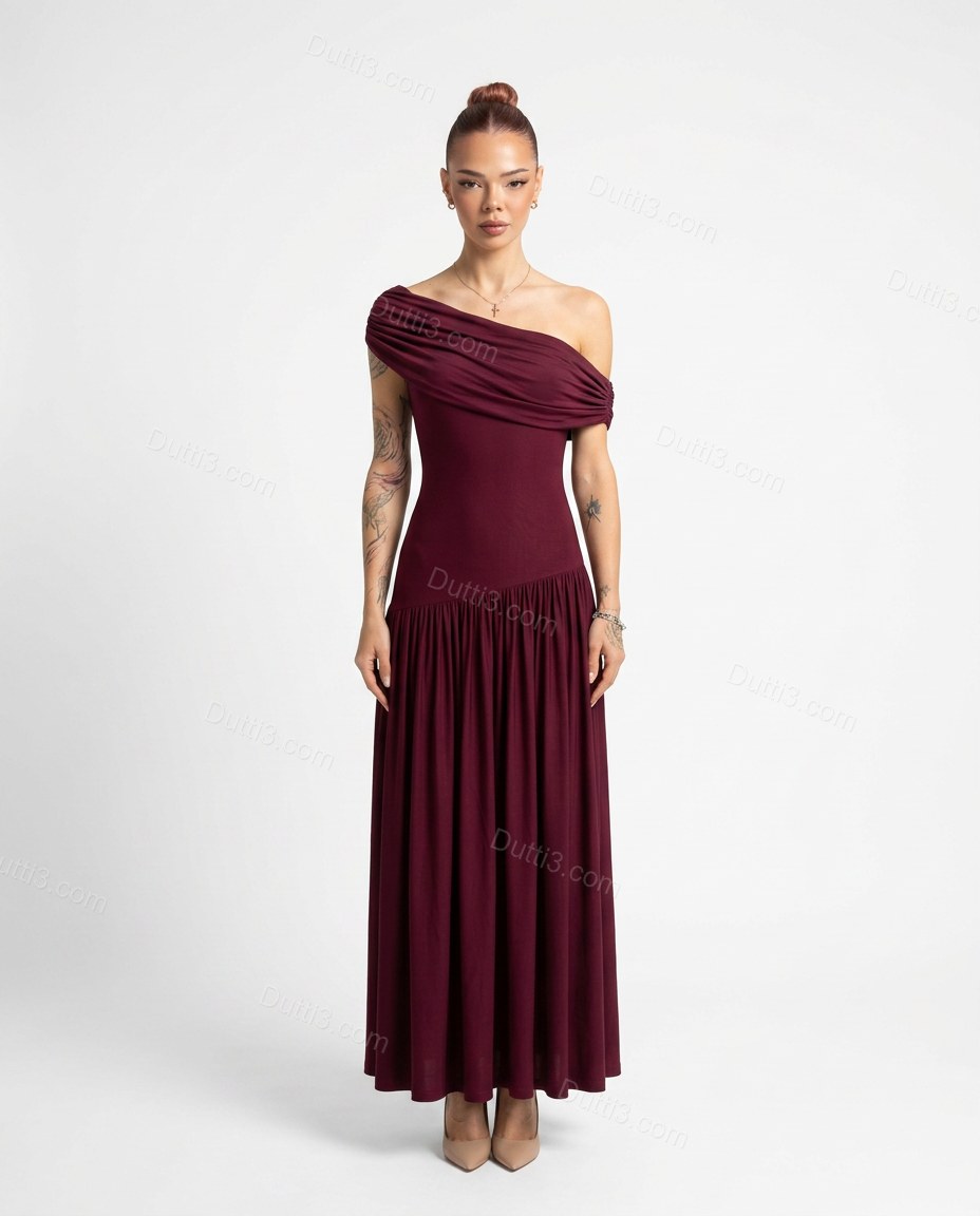Burgundy Maxi Cowl-Neck Off-Shoulder Dress, front studio view, by Dutti3