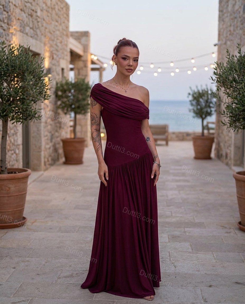 Burgundy Maxi Cowl-Neck Off-Shoulder Dress, three-quarter brand lifestyle view, by Dutti3
