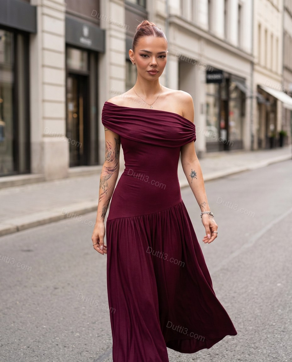 Burgundy Maxi Cowl-Neck Off-Shoulder Dress, movement and fit lifestyle view, by Dutti3