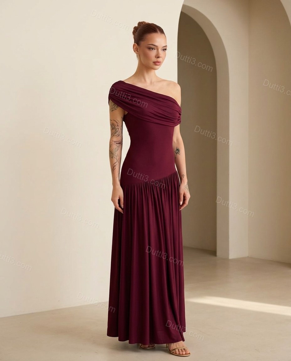 Burgundy Maxi Cowl-Neck Off-Shoulder Dress, full-length hero view, by Dutti3