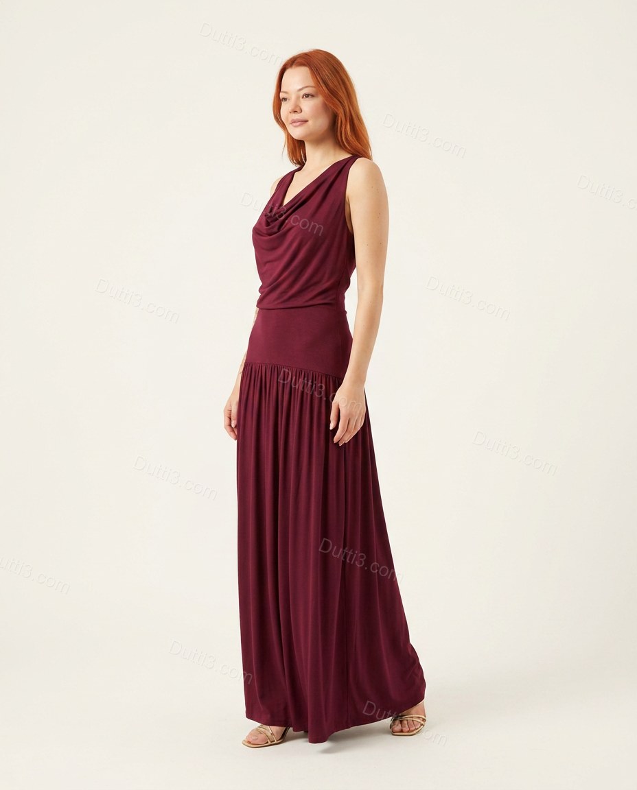 Burgundy Maxi Cowl-Neck Off-Shoulder Dress, side and back studio view, by Dutti3