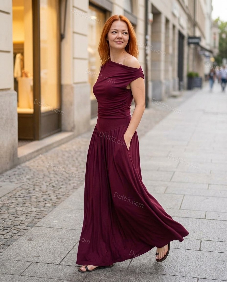 Burgundy Maxi Cowl-Neck Off-Shoulder Dress, walking lifestyle view, by Dutti3