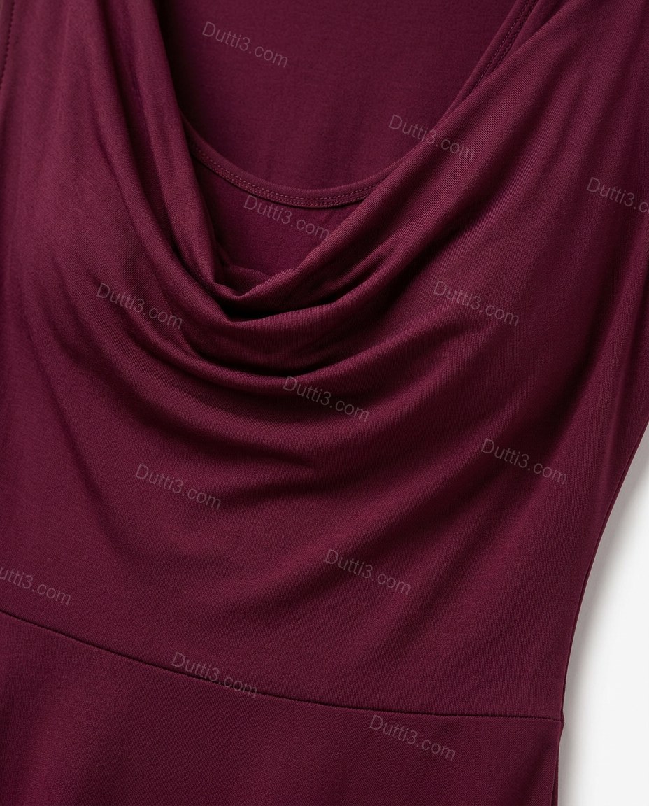 Burgundy Maxi Cowl-Neck Off-Shoulder Dress, close-up of draped bodice, pleated skirt and draped cowl neckline, by Dutti3