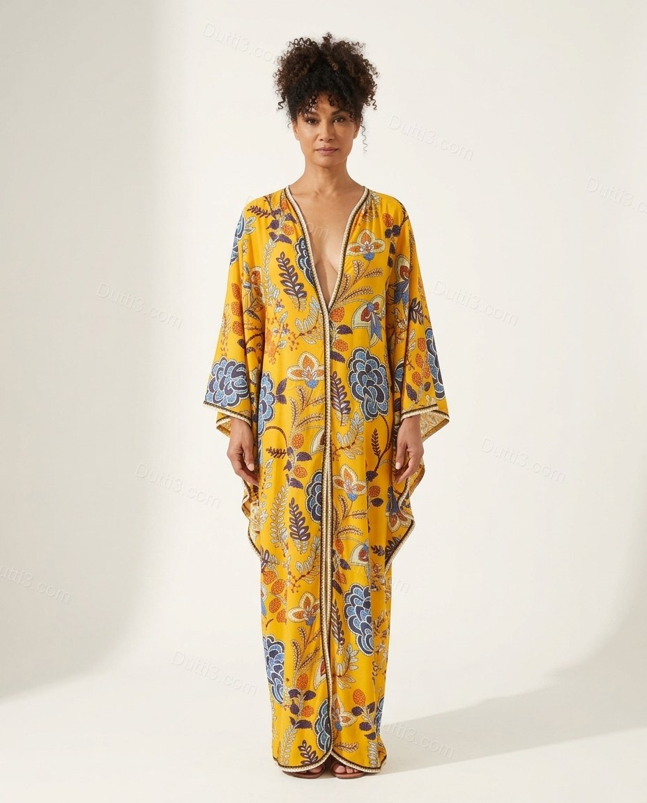 Yellow Floral Maxi Dress, front studio view, by Dutti3