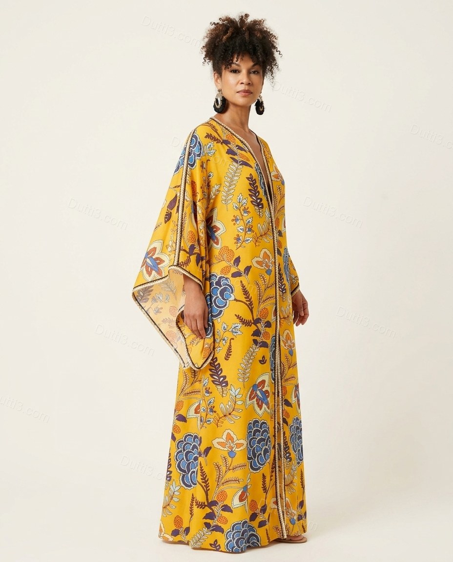 Yellow Floral Maxi Dress, side and back studio view, by Dutti3