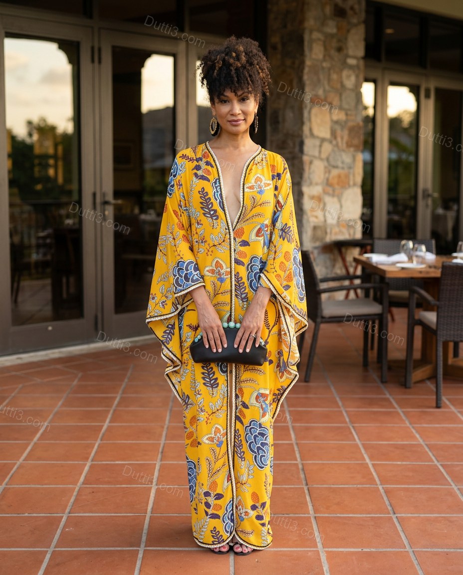 Yellow Floral Maxi Dress, three-quarter brand lifestyle view, by Dutti3