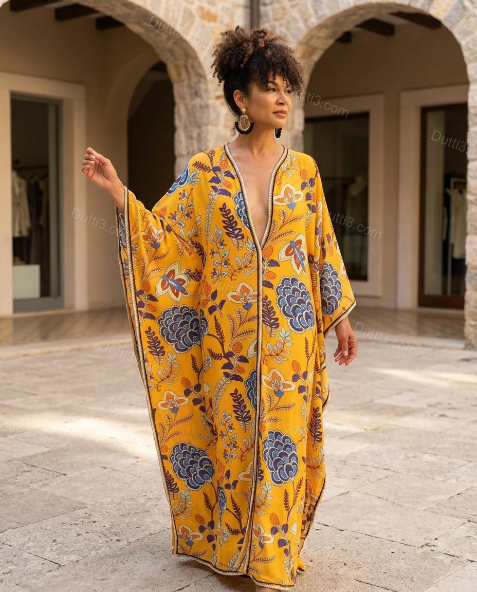 Yellow Floral Maxi Dress, walking lifestyle view, by Dutti3