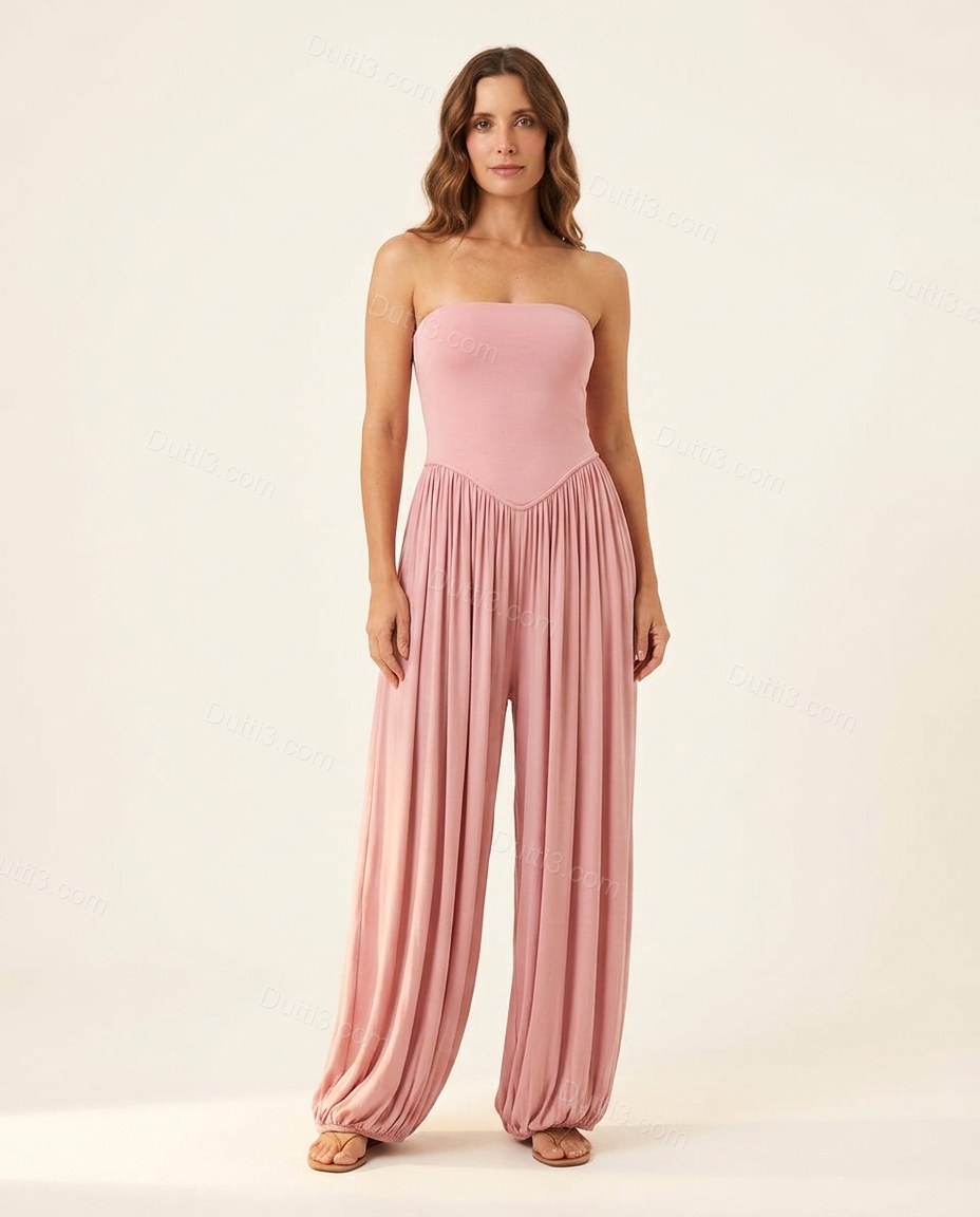Pink Strapless Pleated Jumpsuit, front studio view, by Dutti3