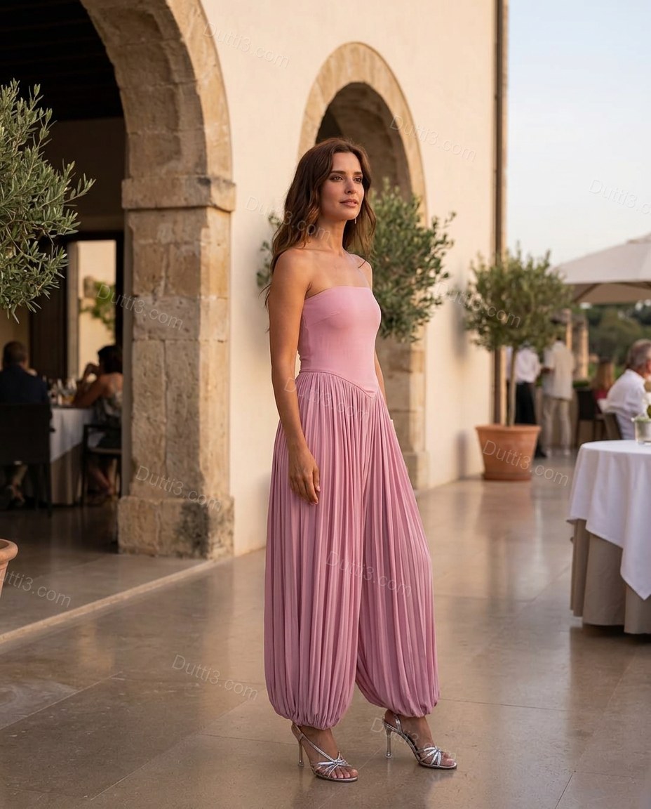 Pink Strapless Pleated Jumpsuit, alternate use-case lifestyle view, by Dutti3