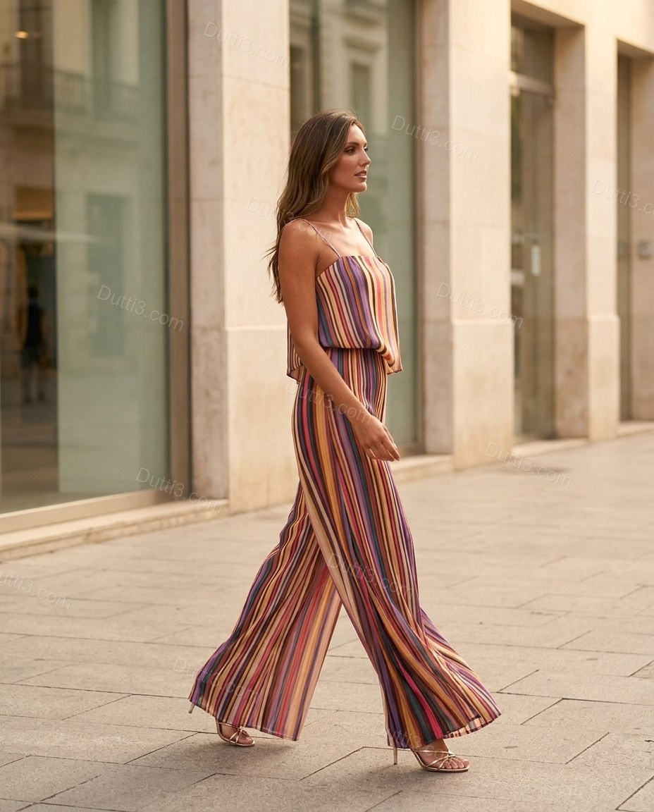 Multi-Color Striped Open-Back Jumpsuit, movement and fit lifestyle view, by Dutti3