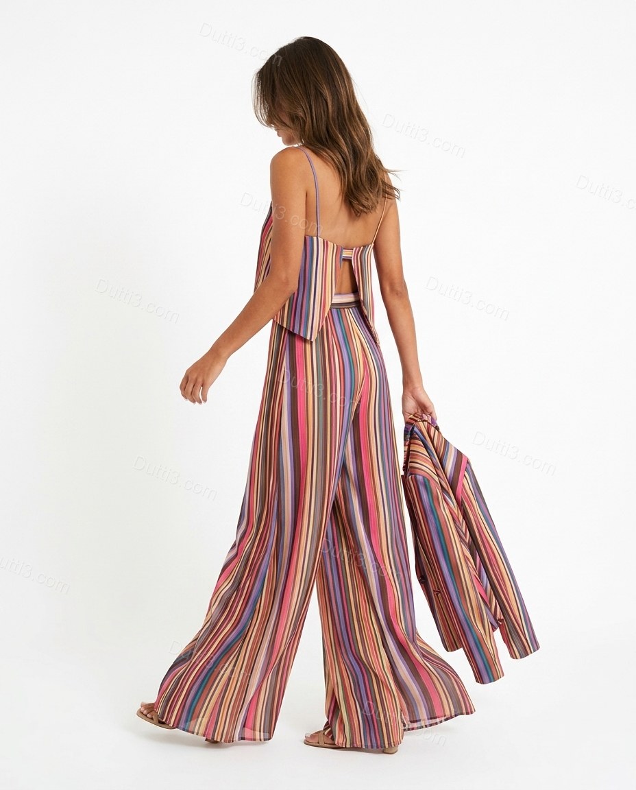 Multi-Color Striped Open-Back Jumpsuit, back studio view, by Dutti3