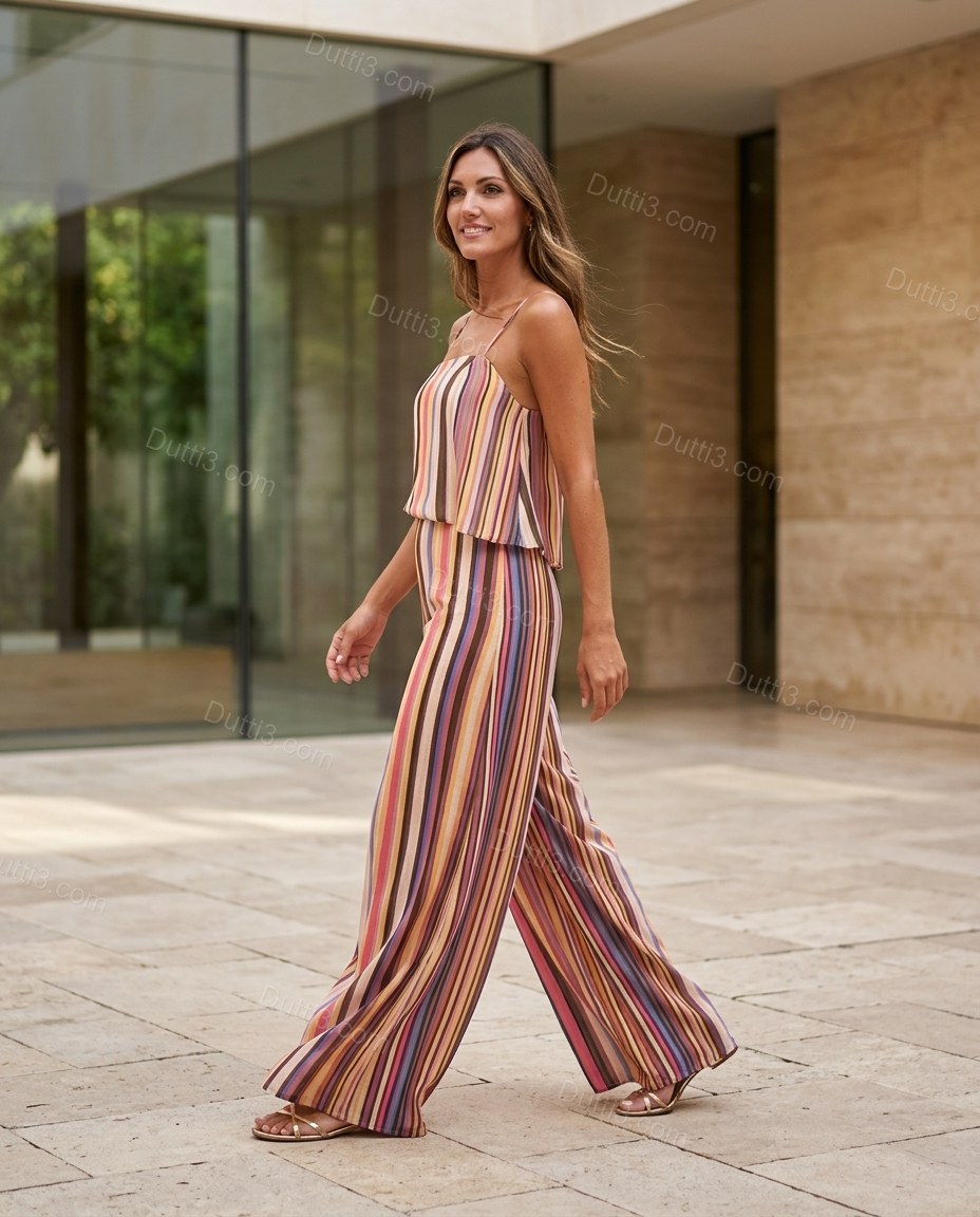 Multi-Color Striped Open-Back Jumpsuit, three-quarter brand lifestyle view, by Dutti3