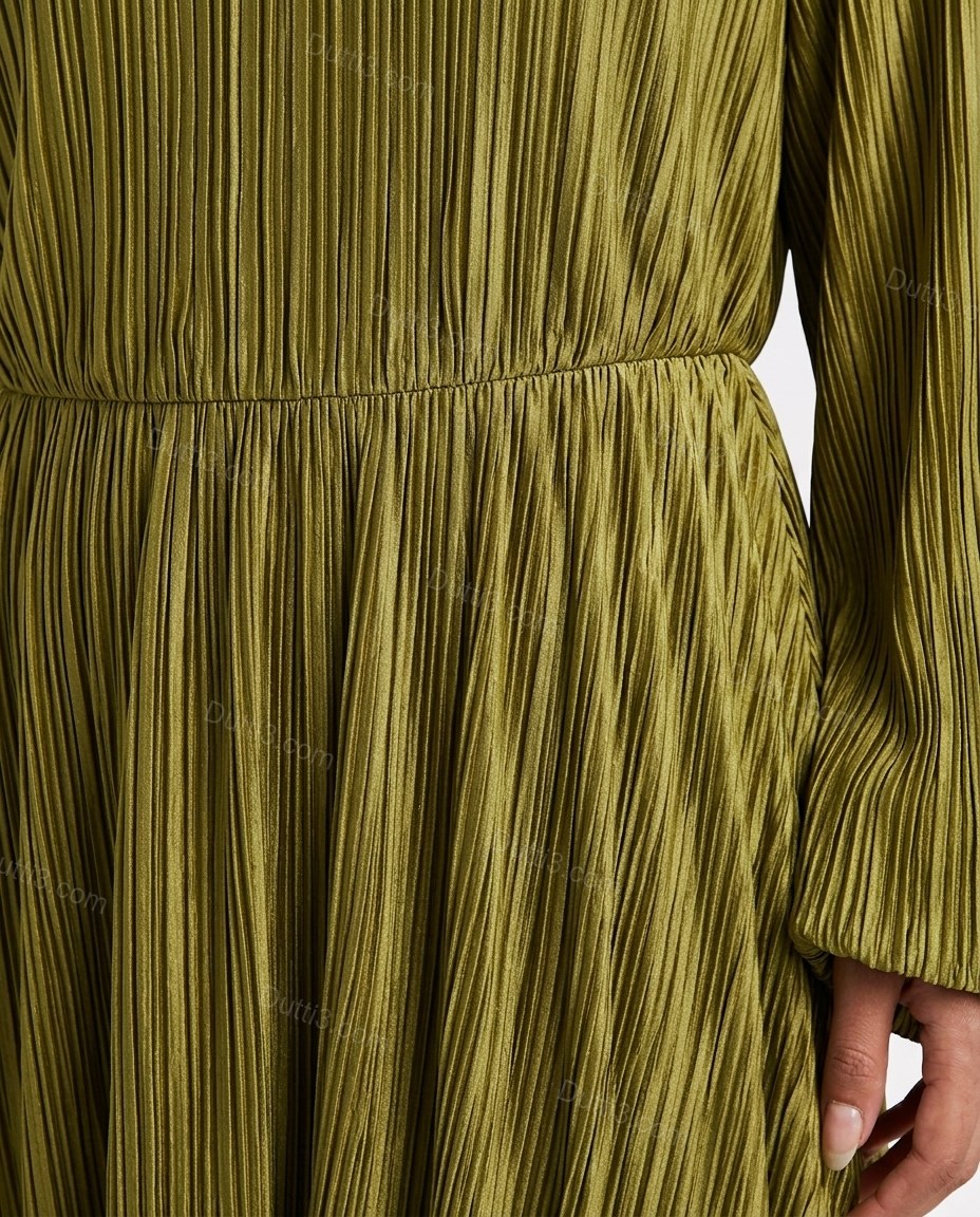 Olive Green Striped Open-Back Pleated Dress, close-up of striped, by Dutti3