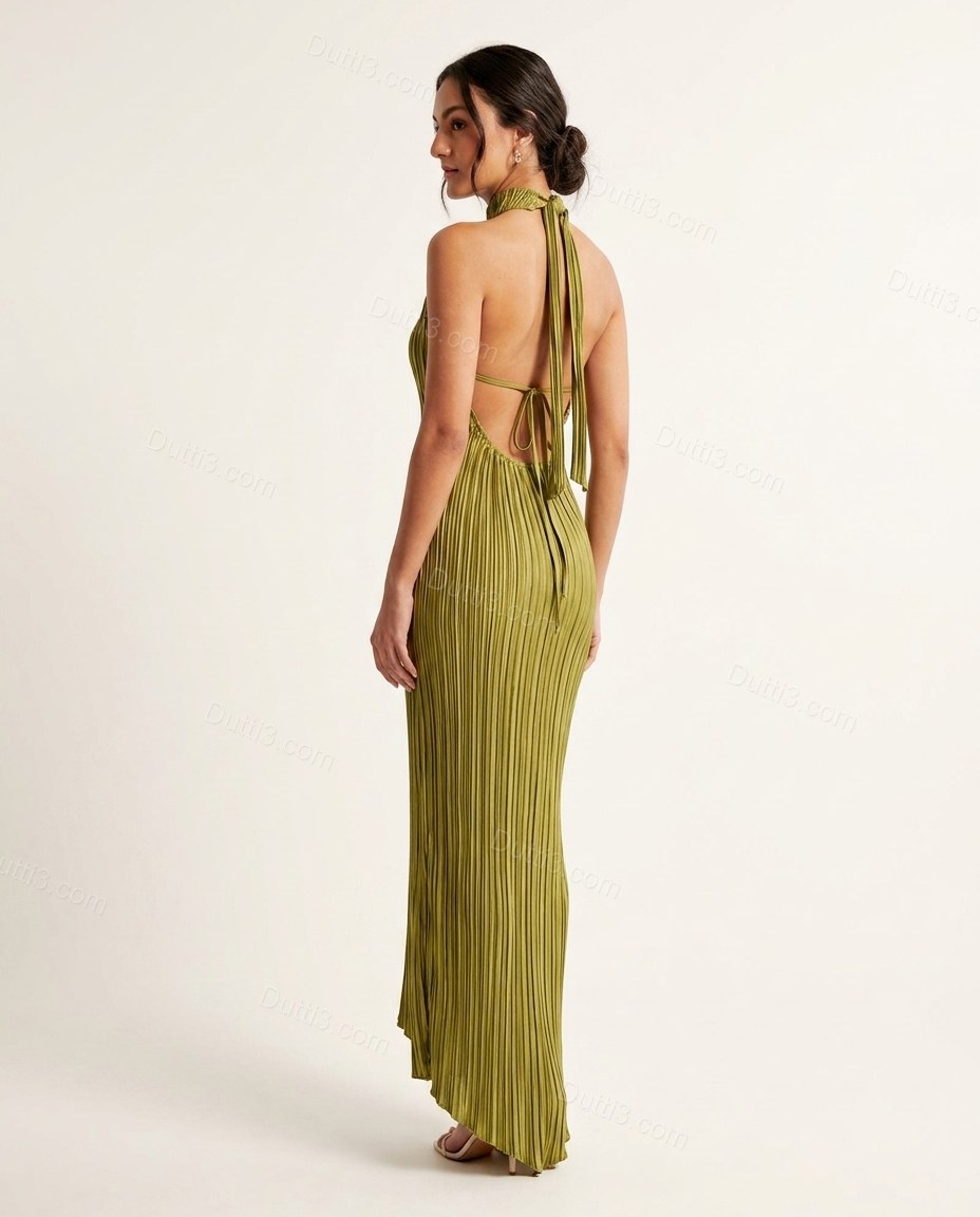 Olive Green Striped Open-Back Pleated Dress, back studio view showing open back with tie closure at the neck, by Dutti3