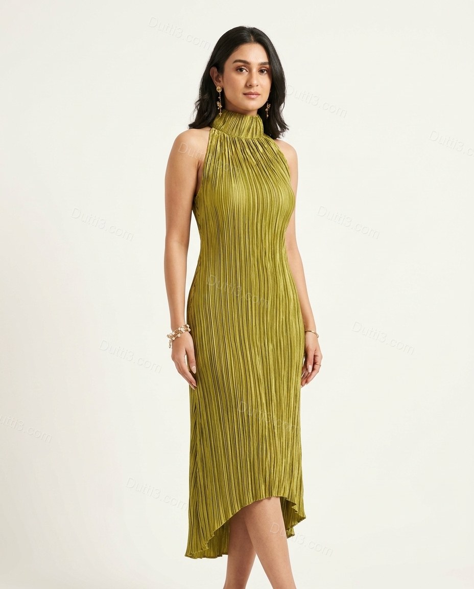 Olive Green Striped Open-Back Pleated Dress, front studio view, by Dutti3