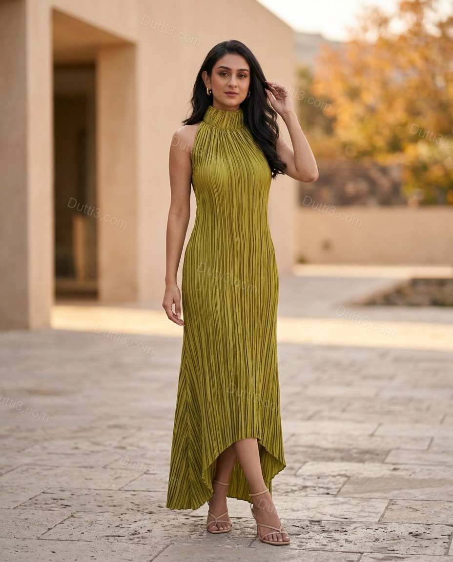 Olive Green Striped Open-Back Pleated Dress, full-length hero view, by Dutti3