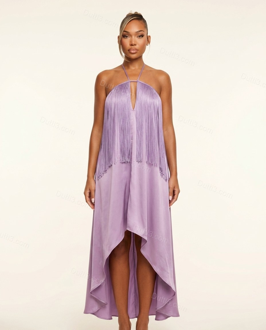 Lavender Maxi Halter High-Low Dress, front studio view, by Dutti3