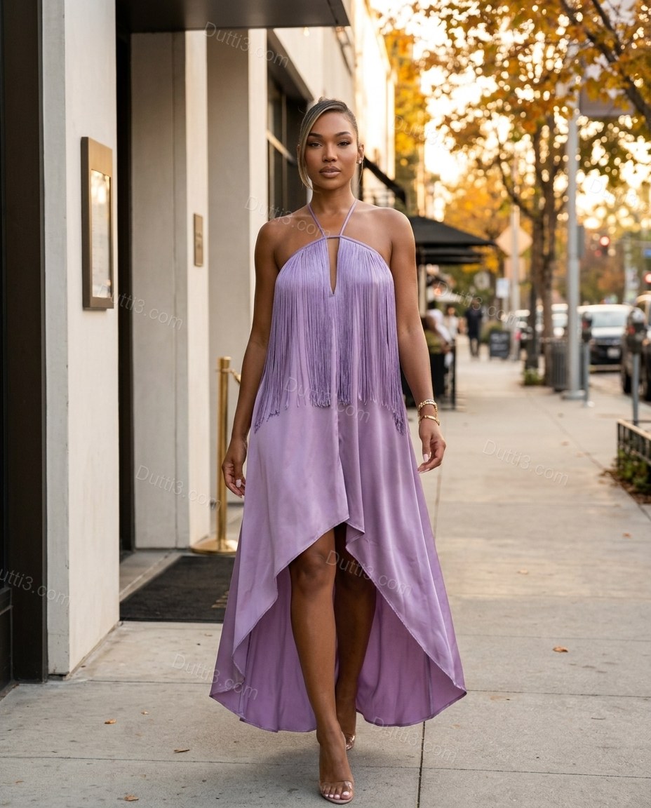 Lavender Maxi Halter High-Low Dress, three-quarter brand lifestyle view, by Dutti3