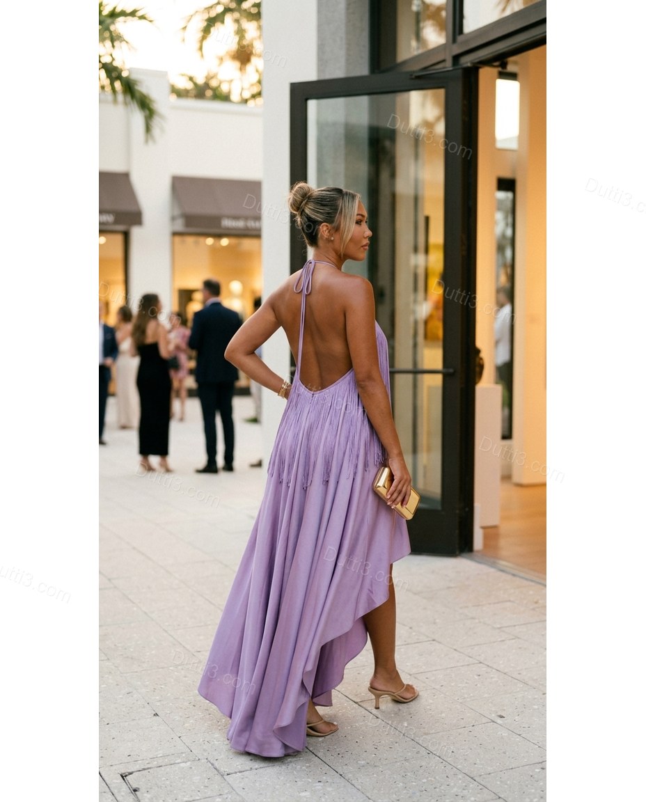 Lavender Maxi Halter High-Low Dress, movement and fit lifestyle view, by Dutti3