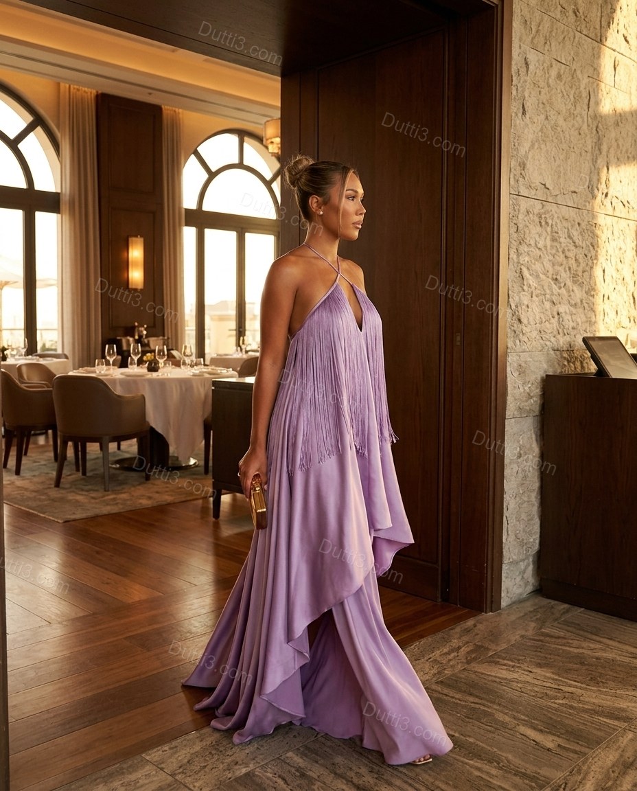 Lavender Maxi Halter High-Low Dress, walking lifestyle view, by Dutti3