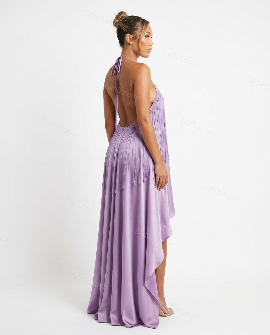 Lavender Maxi Halter High-Low Dress, back studio view showing open back design with halter tie, by Dutti3