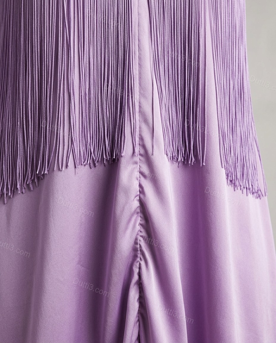 Lavender Maxi Halter High-Low Dress, close-up of fringe overlay, keyhole neckline and halter neckline, by Dutti3
