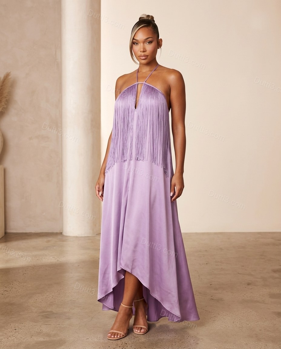 Lavender Maxi Halter High-Low Dress, full-length hero view, by Dutti3
